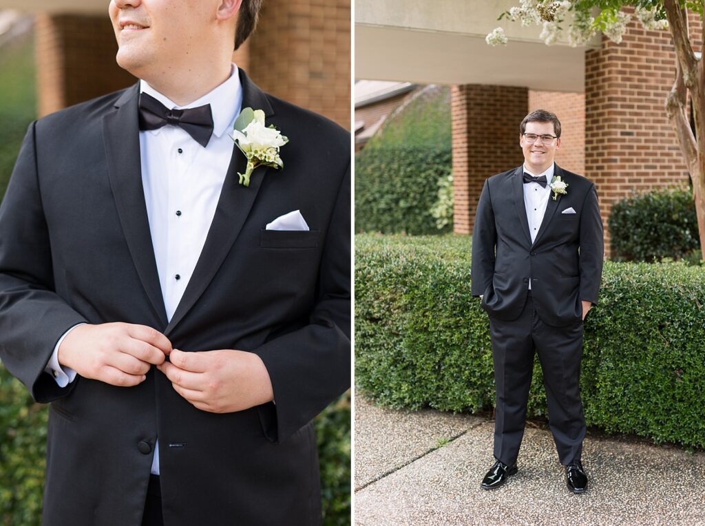 Groom buttoning his suit jacket | Summer Wedding | The Matthews House Wedding | The Matthews House Wedding Photographer | Raleigh NC Wedding Photographer