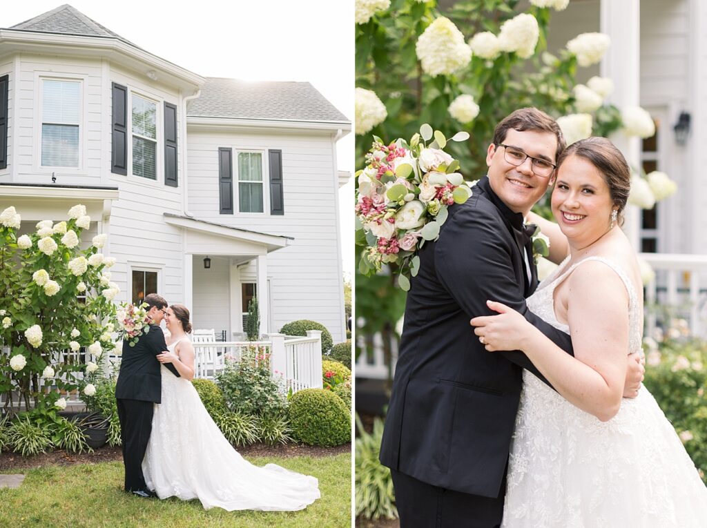 Bride and groom embracing by garden in front of the Matthews House | Summer Wedding | The Matthews House Wedding | The Matthews House Wedding Photographer | Raleigh NC Wedding Photographer
