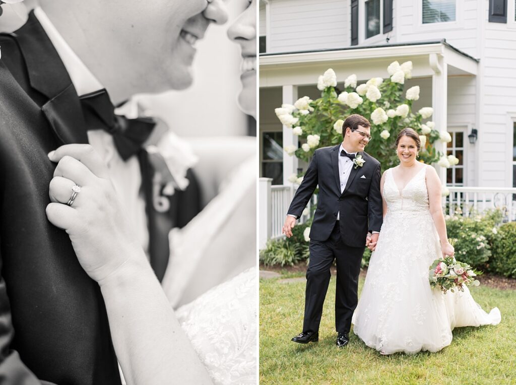 Bride and groom holding hands in garden by white flowers | Summer Wedding | The Matthews House Wedding | The Matthews House Wedding Photographer | Raleigh NC Wedding Photographer