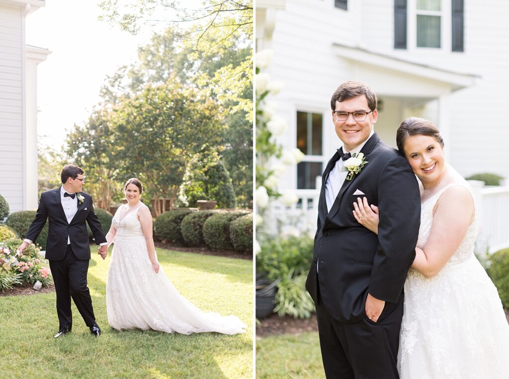Bride and groom embracing in garden near white flowers | Summer Wedding | The Matthews House Wedding | The Matthews House Wedding Photographer | Raleigh NC Wedding Photographer