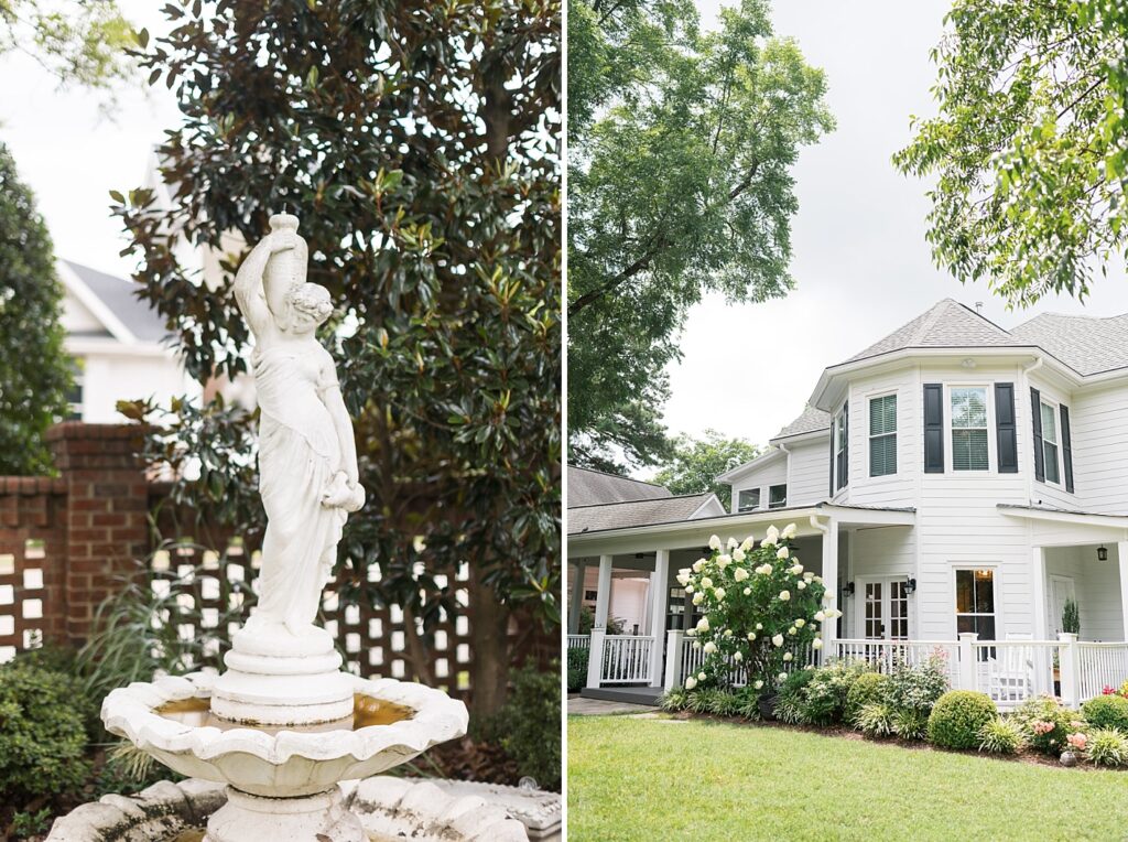 White statue in garden of the Matthews House | Summer Wedding | The Matthews House Wedding | The Matthews House Wedding Photographer | Raleigh NC Wedding Photographer
