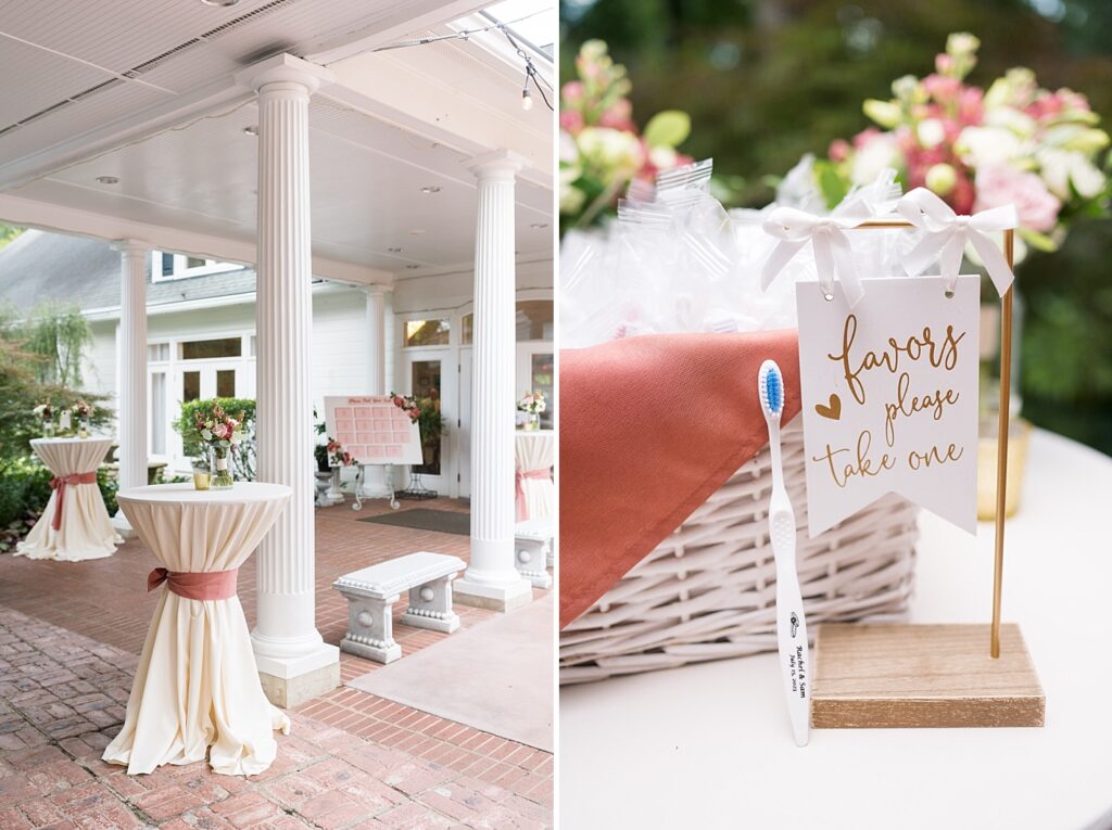 Cocktail party décor and toothbrush party favors | Summer Wedding | The Matthews House Wedding | The Matthews House Wedding Photographer | Raleigh NC Wedding Photographer