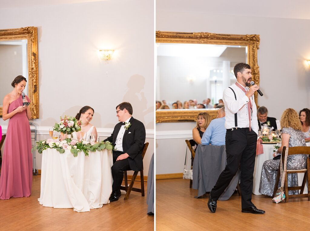 Bridesmaid and groomsmen giving a toast | Summer Wedding | The Matthews House Wedding | The Matthews House Wedding Photographer | Raleigh NC Wedding Photographer