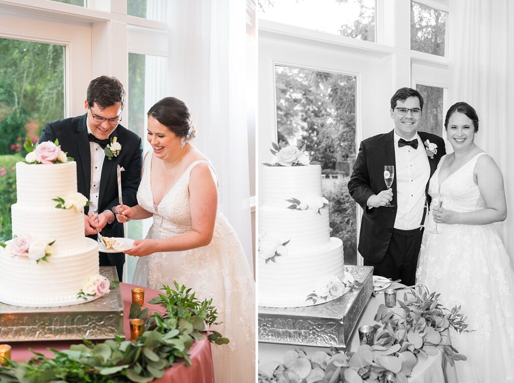 Bride and groom cutting wedding cake | Summer Wedding | The Matthews House Wedding | The Matthews House Wedding Photographer | Raleigh NC Wedding Photographer