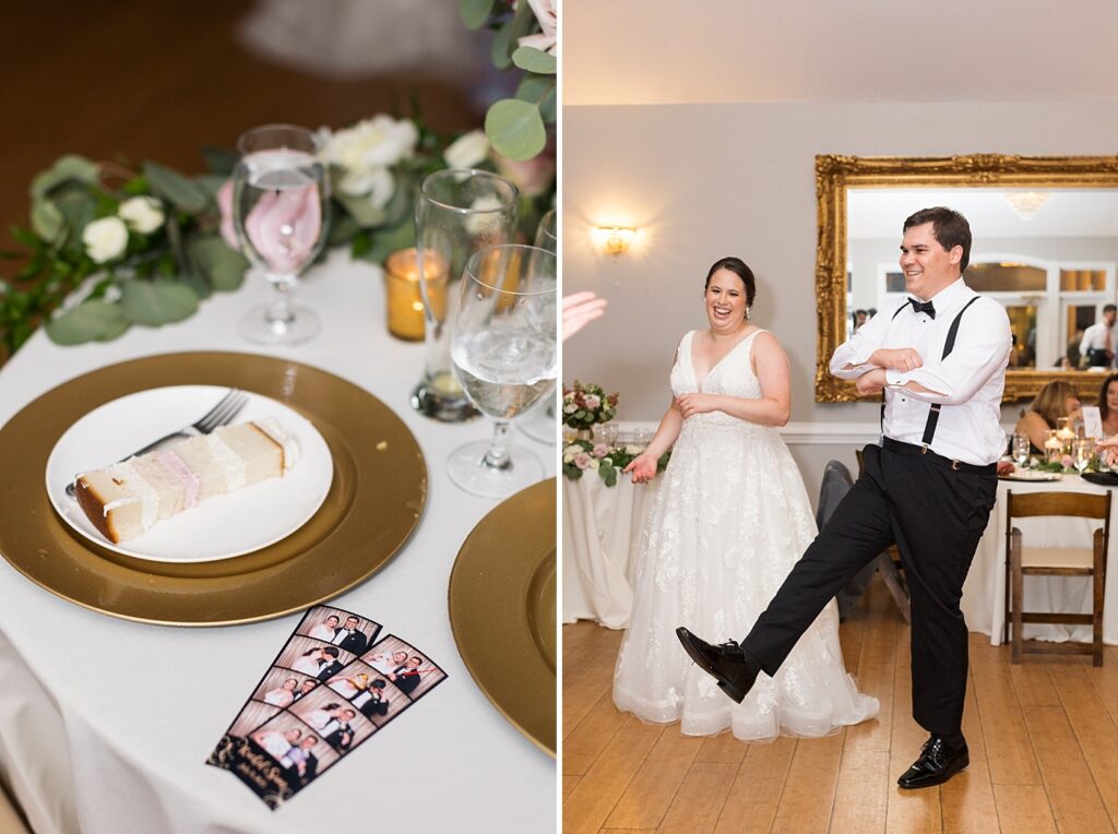 Bride and groom dancing during wedding reception and slice of wedding cake | Summer Wedding | The Matthews House Wedding | The Matthews House Wedding Photographer | Raleigh NC Wedding Photographer