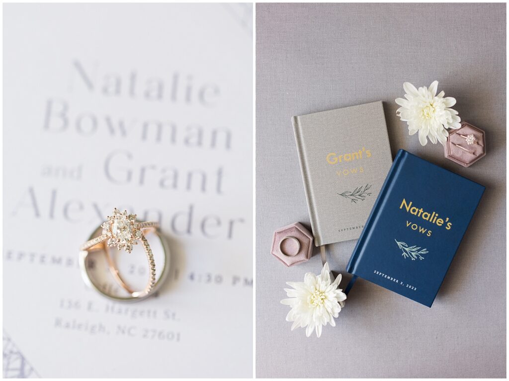 Wedding rings displayed over wedding invitation and wedding vow books | Caffe Luna Wedding | Caffe Luna Wedding Photographer | Raleigh NC Wedding Photographer