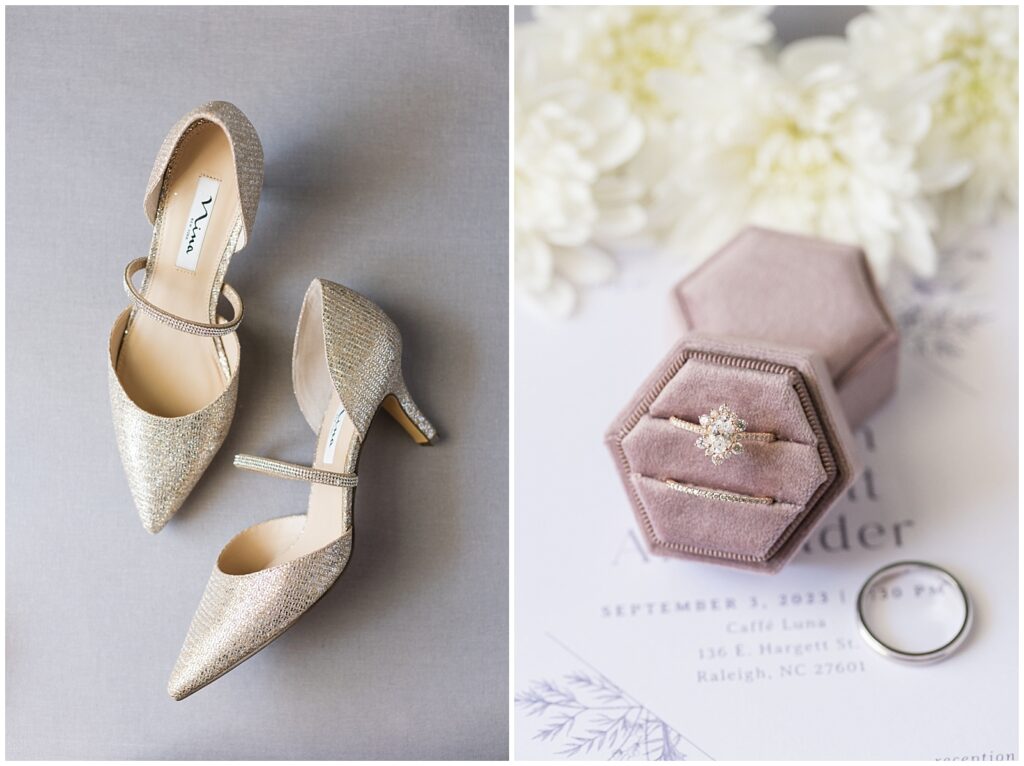 Bride's gold wedding shoes and wedding rings displayed in french lilac ring box | Caffe Luna Wedding | Caffe Luna Wedding Photographer | Raleigh NC Wedding Photographer