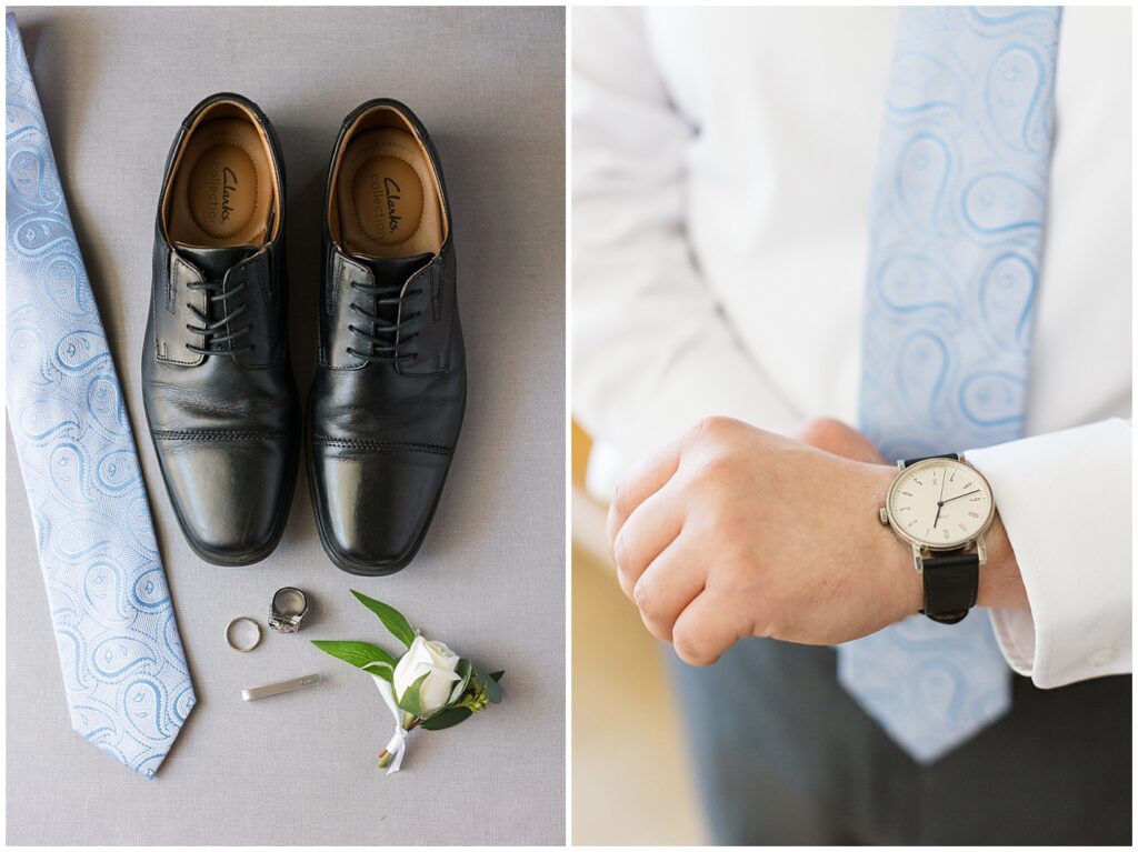 Groom's wedding shoes and blue tie with boutonniere | Caffe Luna Wedding | Caffe Luna Wedding Photographer | Raleigh NC Wedding Photographer