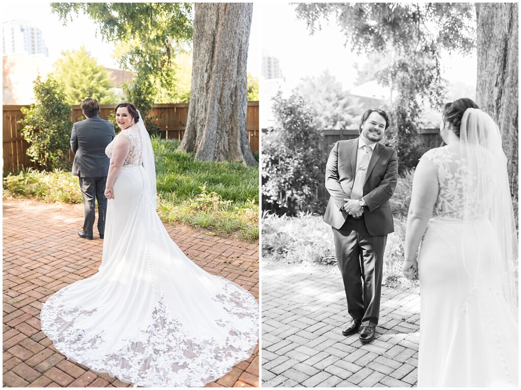 Bride and groom first look at The Guest House | Caffe Luna Wedding | Caffe Luna Wedding Photographer | Raleigh NC Wedding Photographer