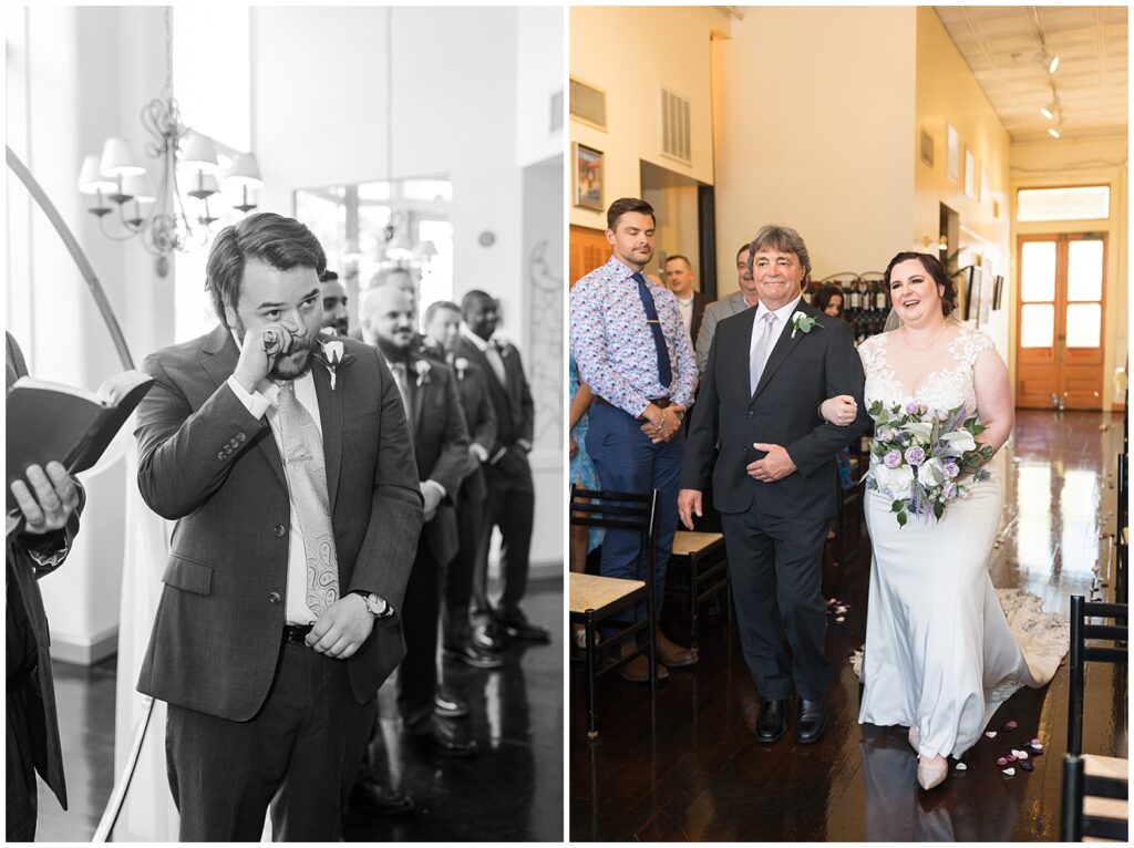 Father of the bride walking bride down the aisle and groom wiping a tear | Caffe Luna Wedding | Caffe Luna Wedding Photographer | Raleigh NC Wedding Photographer