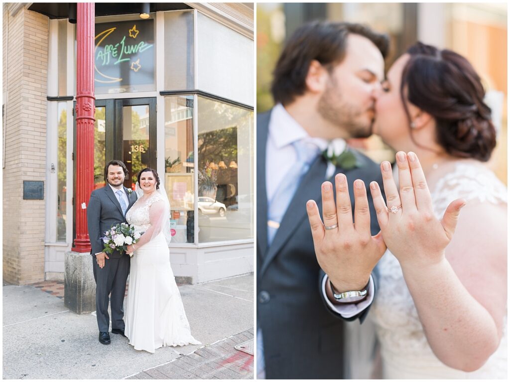 Bride and groom showing wedding bands and standing in front of Caffe Luna | Caffe Luna Wedding | Caffe Luna Wedding Photographer | Raleigh NC Wedding Photographer