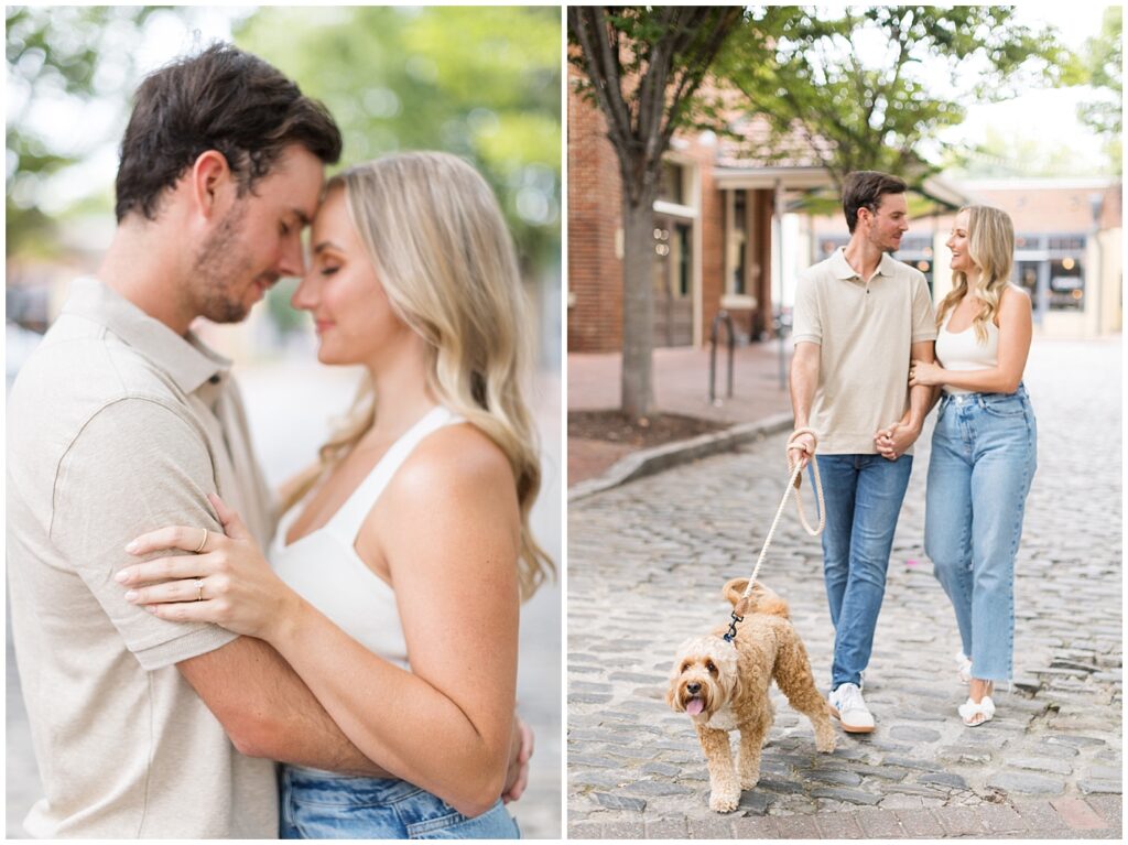 Urban engagement photos | Raleigh Engagement Photographer | Downtown Raleigh City Market | Engagement photos with a dog