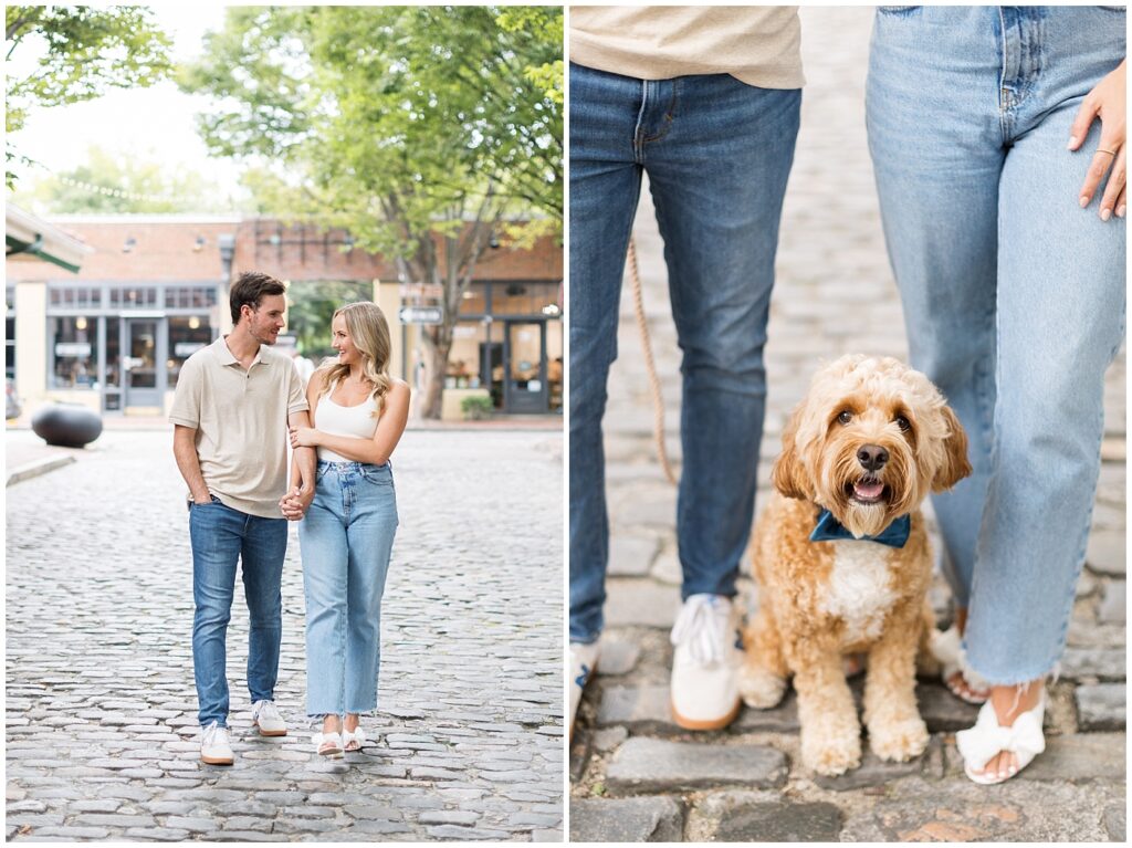 Urban engagement photos | Raleigh Engagement Photographer | Downtown Raleigh City Market | Engagement photos with a dog