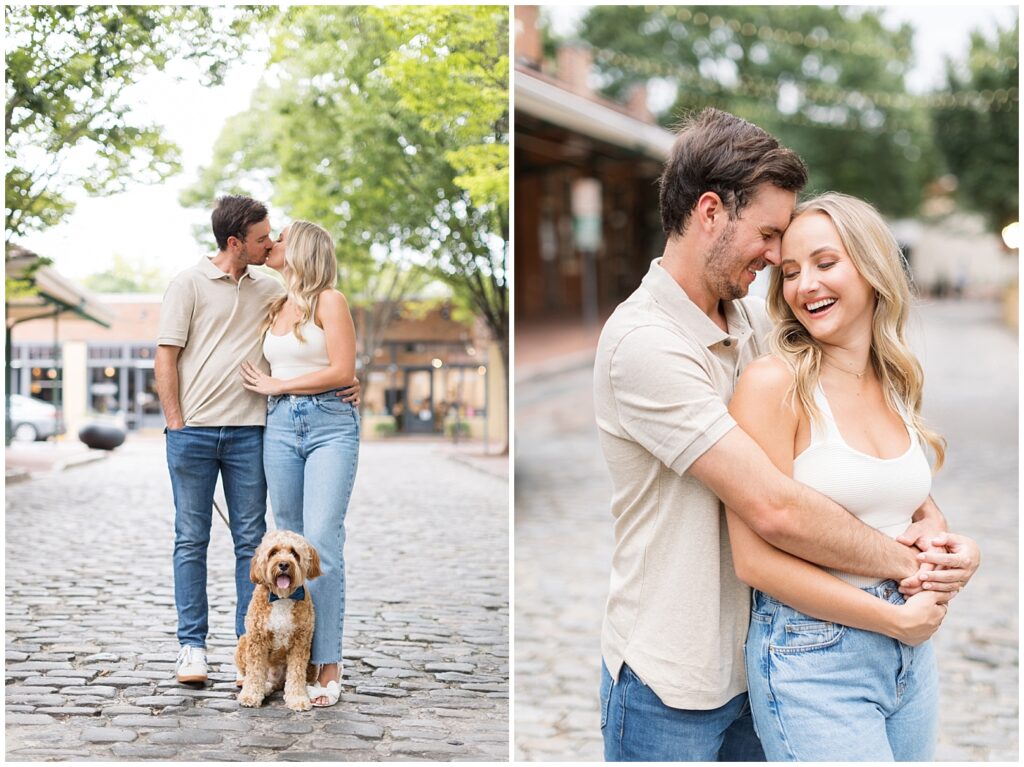 Urban engagement photos | Raleigh Engagement Photographer | Downtown Raleigh City Market | Engagement photos with a dog