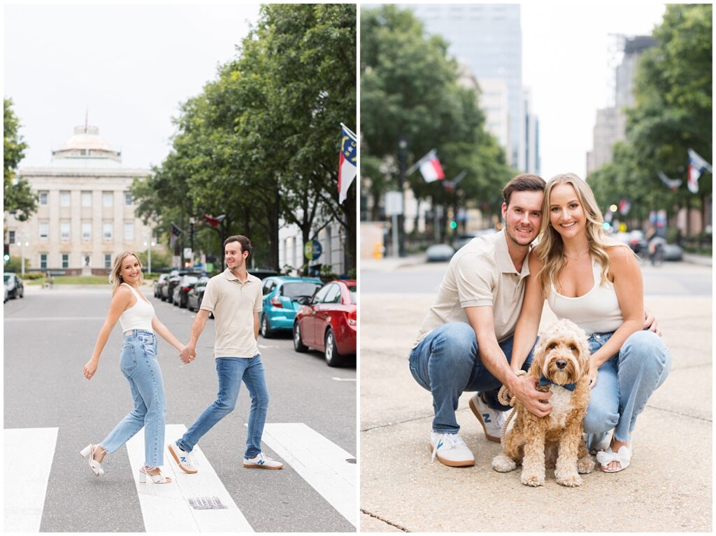 Downtown engagement photos with a golden doodle in Raleigh