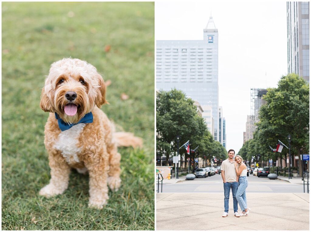 Urban engagement photos | Fayetteville Street | Raleigh Engagement Photographer | Engagement photos in Raleigh | Engagement photos with a dog