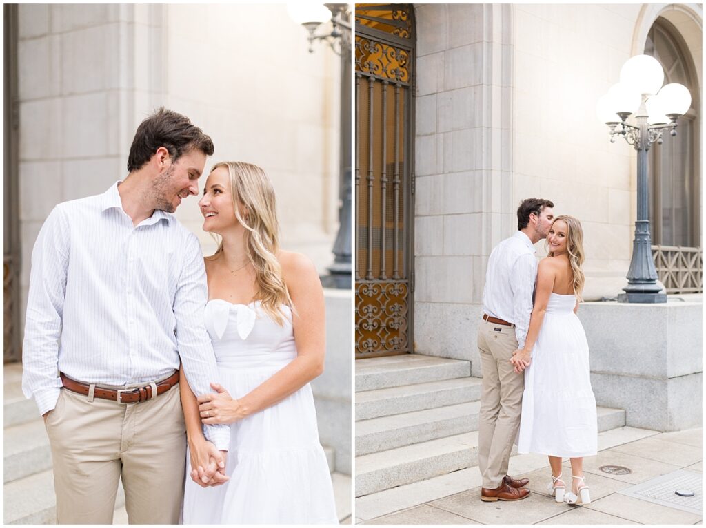 Timeless Engagement photos by stairs |  Raleigh Engagement Photographer | Engagement photos in Raleigh