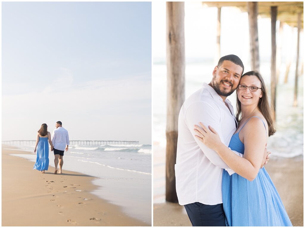 Engagement photos on the beach in the Outer Banks walking barefoot in the sand toward the pier | NC Engagement Photographer