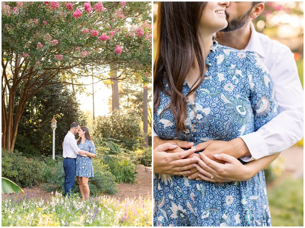Engagement photos in pink azalea garden | WRAL Gardens engagement photos | Raleigh NC wedding photographer 