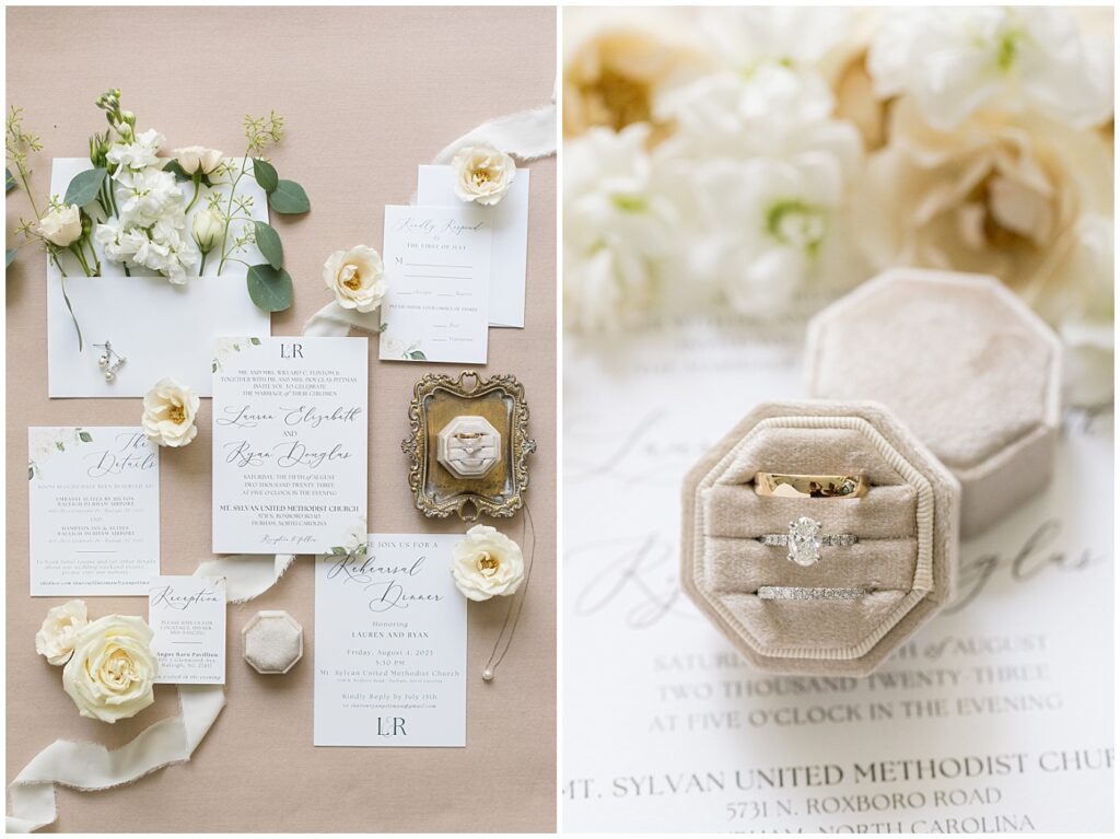 Wedding invitation displayed next to neutral colored flowers | Summer Wedding | Angus Barn Wedding | Angus Barn Wedding Photographer | Raleigh NC Wedding Photographer