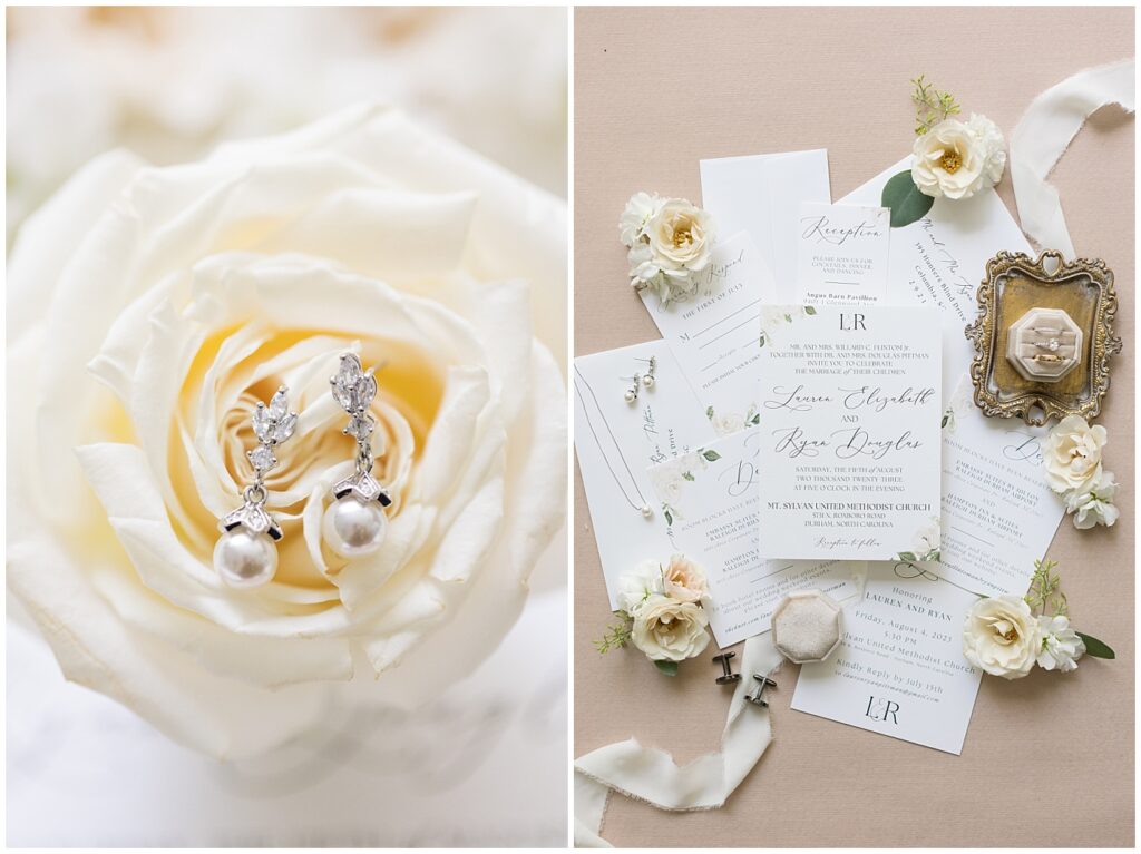 Bridal earrings displayed over white rose and neutral colored wedding invitations | Summer Wedding | Angus Barn Wedding | Angus Barn Wedding Photographer | Raleigh NC Wedding Photographer