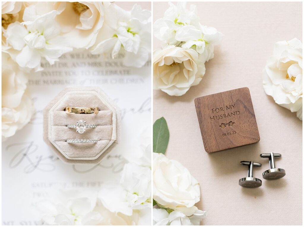 Wedding rings displayed in cream colored ring box and groom's cufflinks | Summer Wedding | Angus Barn Wedding | Angus Barn Wedding Photographer | Raleigh NC Wedding Photographer