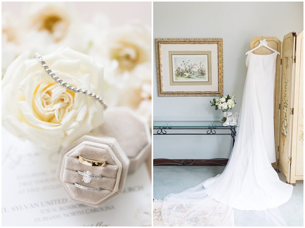 Wedding rings in cream colored ring box and wedding dress | Summer Wedding | Angus Barn Wedding | Angus Barn Wedding Photographer | Raleigh NC Wedding Photographer