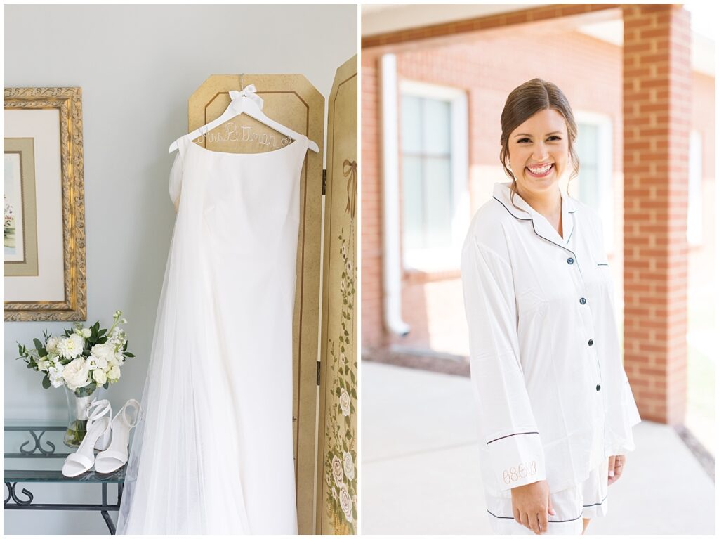 Bride smiling in pajamas and wedding dress hanging from armoir | Summer Wedding | Angus Barn Wedding | Angus Barn Wedding Photographer | Raleigh NC Wedding Photographer
