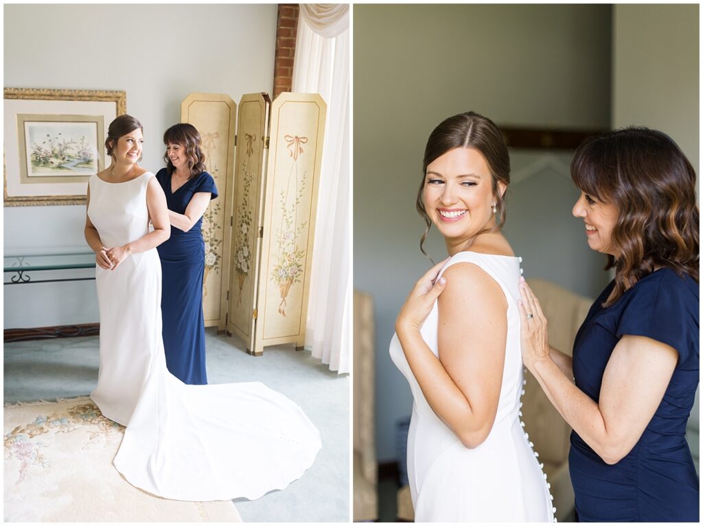 Mother of the bride buttoning bride's dress | Summer Wedding | Angus Barn Wedding | Angus Barn Wedding Photographer | Raleigh NC Wedding Photographer