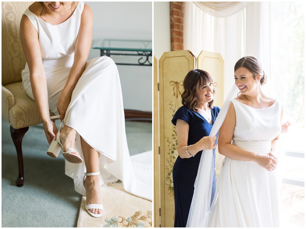Mother of the bride helping bride with veil and bride putting on wedding shoes | Summer Wedding | Angus Barn Wedding | Angus Barn Wedding Photographer | Raleigh NC Wedding Photographer