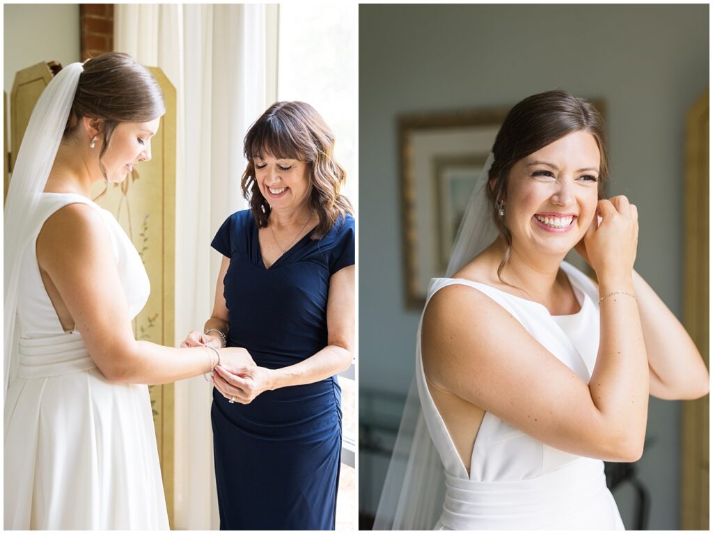 Mother of the bride helping bride put on jewelry | Summer Wedding | Angus Barn Wedding | Angus Barn Wedding Photographer | Raleigh NC Wedding Photographer