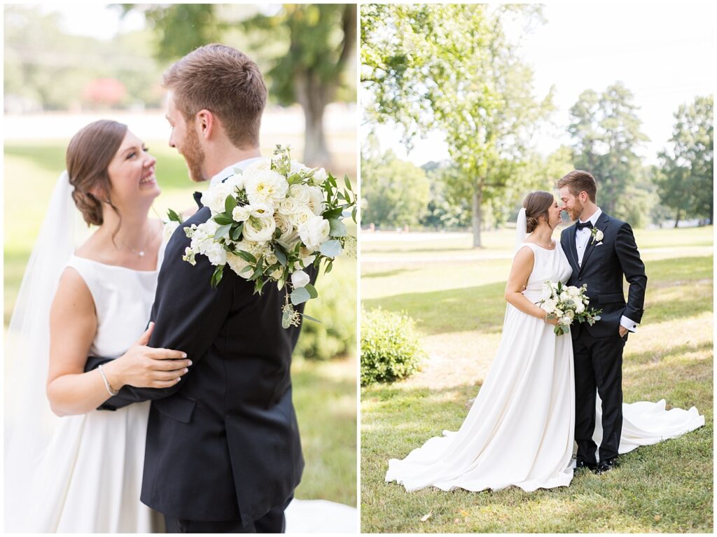 Bride and groom embracing outside | Summer Wedding | Angus Barn Wedding | Angus Barn Wedding Photographer | Raleigh NC Wedding Photographer