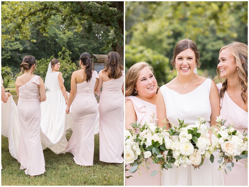 Bride and bridesmaids smiling outside holding bouquets | Summer Wedding | Angus Barn Wedding | Angus Barn Wedding Photographer | Raleigh NC Wedding Photographer
