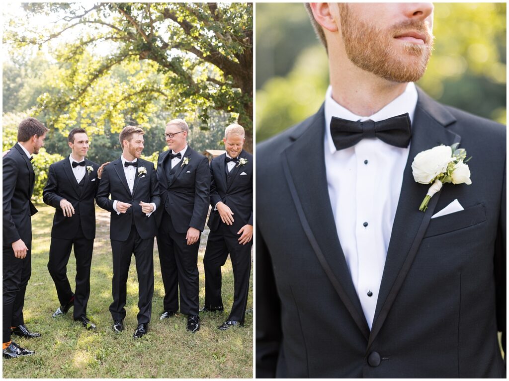 Groom with groomsmen and groom's boutonniere | Summer Wedding | Angus Barn Wedding | Angus Barn Wedding Photographer | Raleigh NC Wedding Photographer