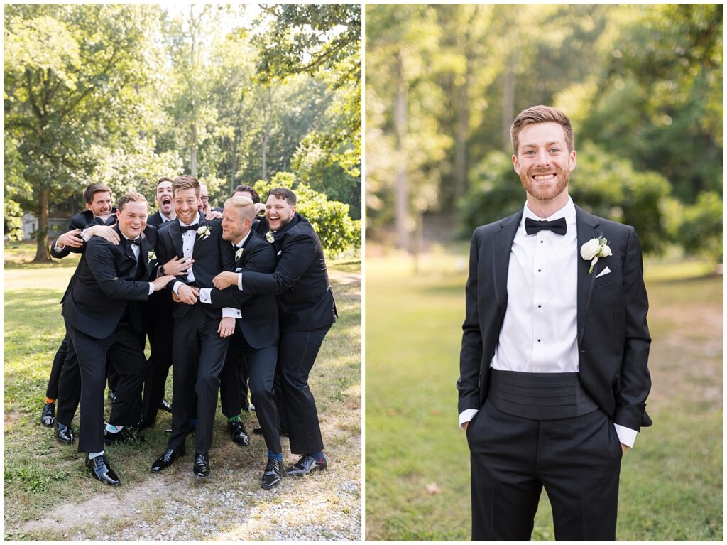 Groom smiling with groomsmen | Summer Wedding | Angus Barn Wedding | Angus Barn Wedding Photographer | Raleigh NC Wedding Photographer