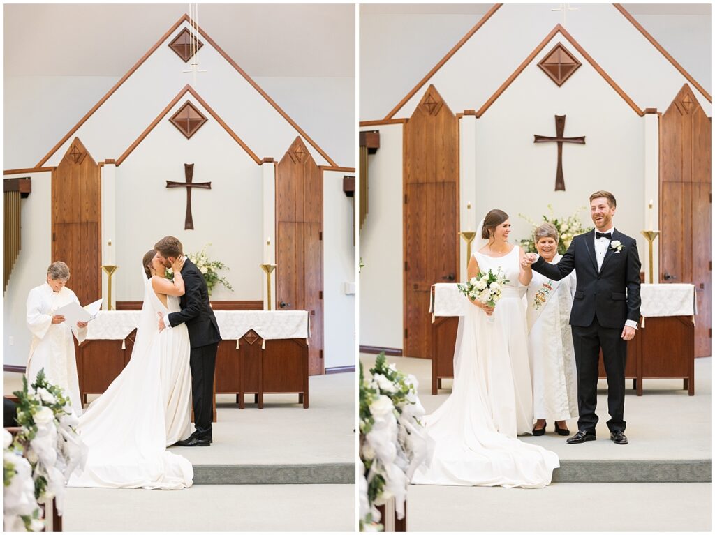 Bride and groom first kiss during wedding ceremony | Summer Wedding | Angus Barn Wedding | Angus Barn Wedding Photographer | Raleigh NC Wedding Photographer