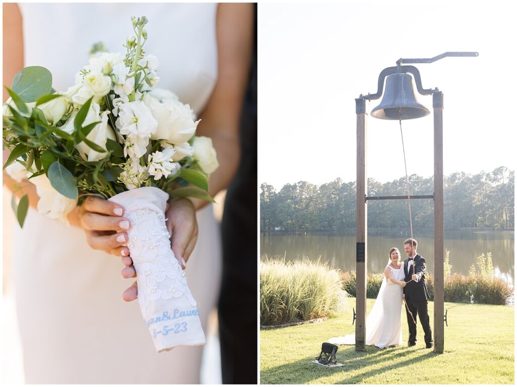 Bride's bouquet and bride and groom ringing bell by lake | Summer Wedding | Angus Barn Wedding | Angus Barn Wedding Photographer | Raleigh NC Wedding Photographer