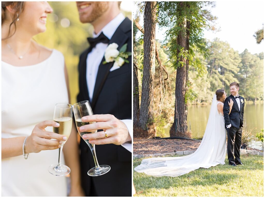 Bride and groom clinking champagne glasses | Summer Wedding | Angus Barn Wedding | Angus Barn Wedding Photographer | Raleigh NC Wedding Photographer