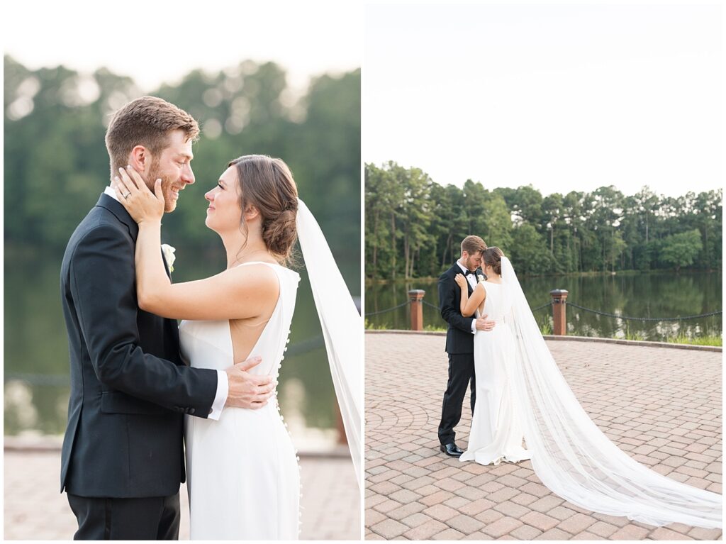 Bride and groom embracing by lake | Summer Wedding | Angus Barn Wedding | Angus Barn Wedding Photographer | Raleigh NC Wedding Photographer