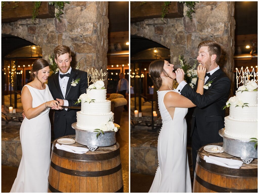 Bride and groom cutting wedding cake | Summer Wedding | Angus Barn Wedding | Angus Barn Wedding Photographer | Raleigh NC Wedding Photographer