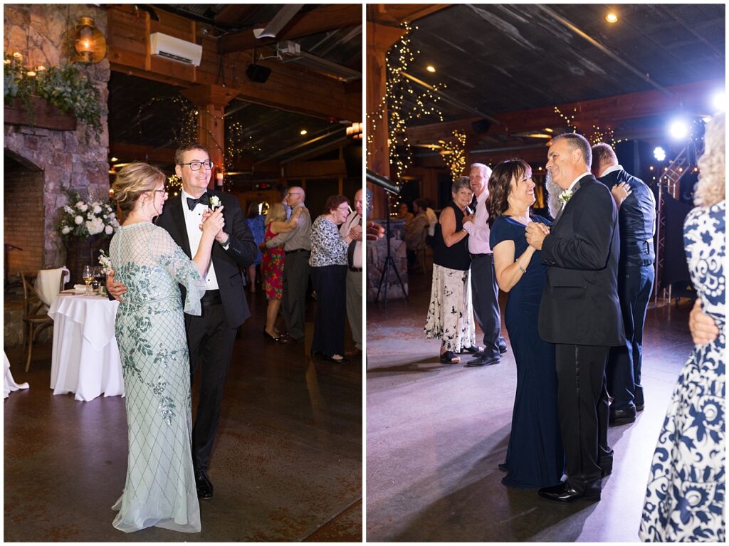 Bride and groom's parents dancing during wedding reception | Summer Wedding | Angus Barn Wedding | Angus Barn Wedding Photographer | Raleigh NC Wedding Photographer