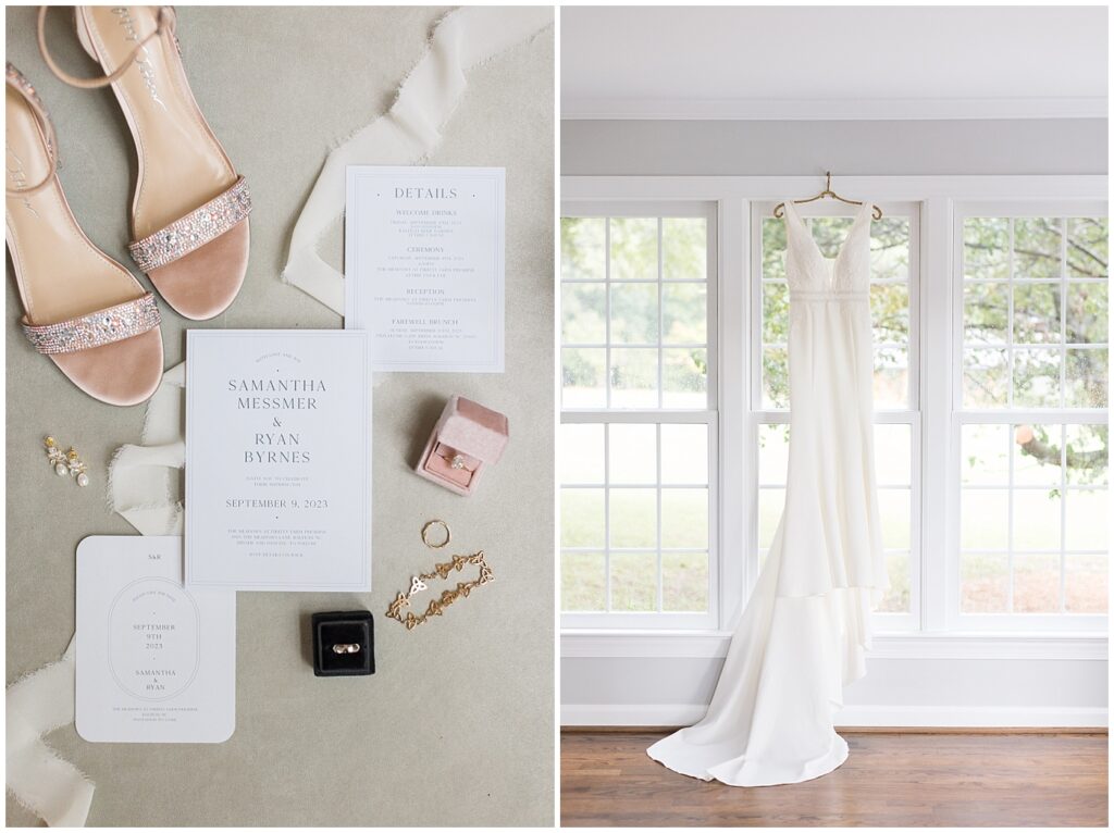 Wedding invitations and wedding dress hanging in front of picture window | The Meadows Wedding | The Meadows Wedding Photographer | Raleigh NC Wedding Photographer