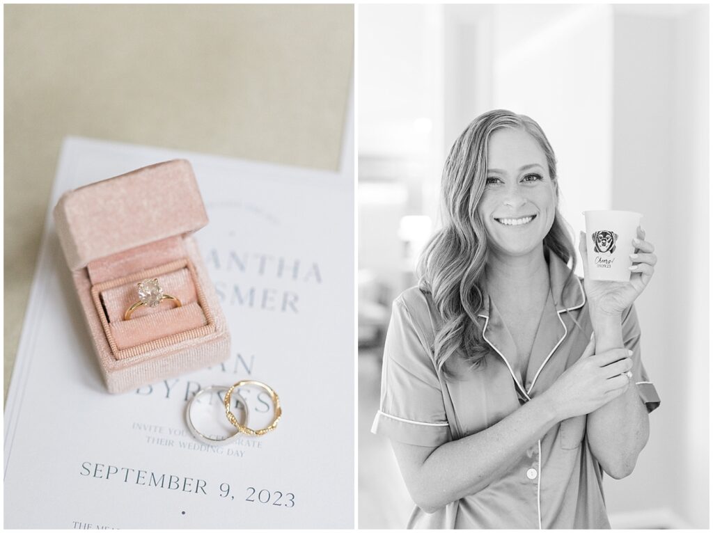 Engagement ring in pink ring box and bride holding cup with picture of pet | The Meadows Wedding | The Meadows Wedding Photographer | Raleigh NC Wedding Photographer