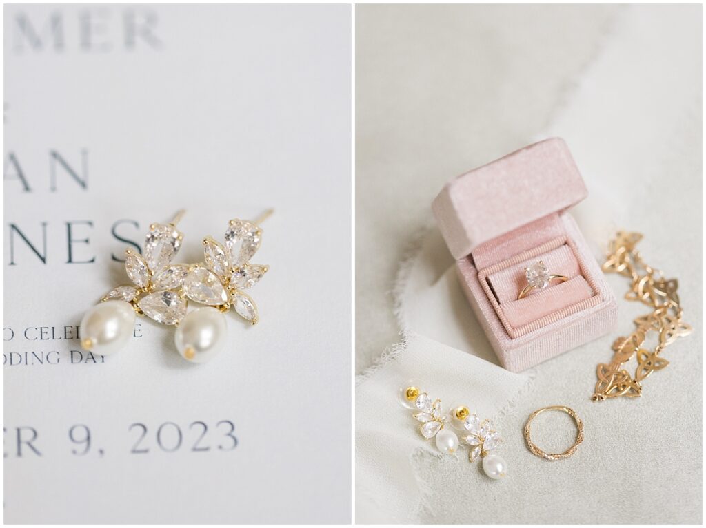 Wedding earrings displayed over wedding invitation and engagement ring in pink ring box | The Meadows Wedding | The Meadows Wedding Photographer | Raleigh NC Wedding Photographer