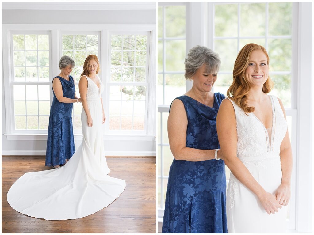 Bride's mom helping bride button wedding dress | The Meadows Wedding | The Meadows Wedding Photographer | Raleigh NC Wedding Photographer