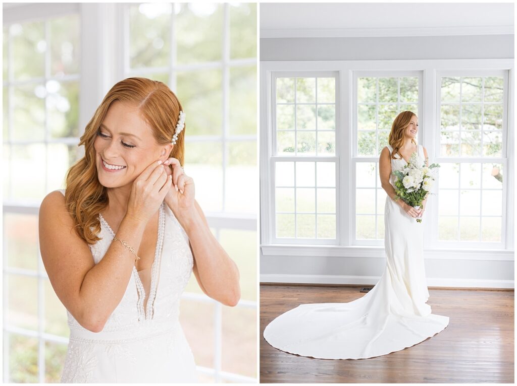 Bride putting on earrings and bride standing near window with bouquet | The Meadows Wedding | The Meadows Wedding Photographer | Raleigh NC Wedding Photographer