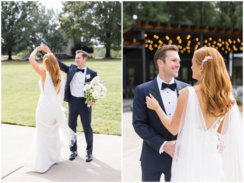 Groom twirling bride outside | The Meadows Wedding | The Meadows Wedding Photographer | Raleigh NC Wedding Photographer