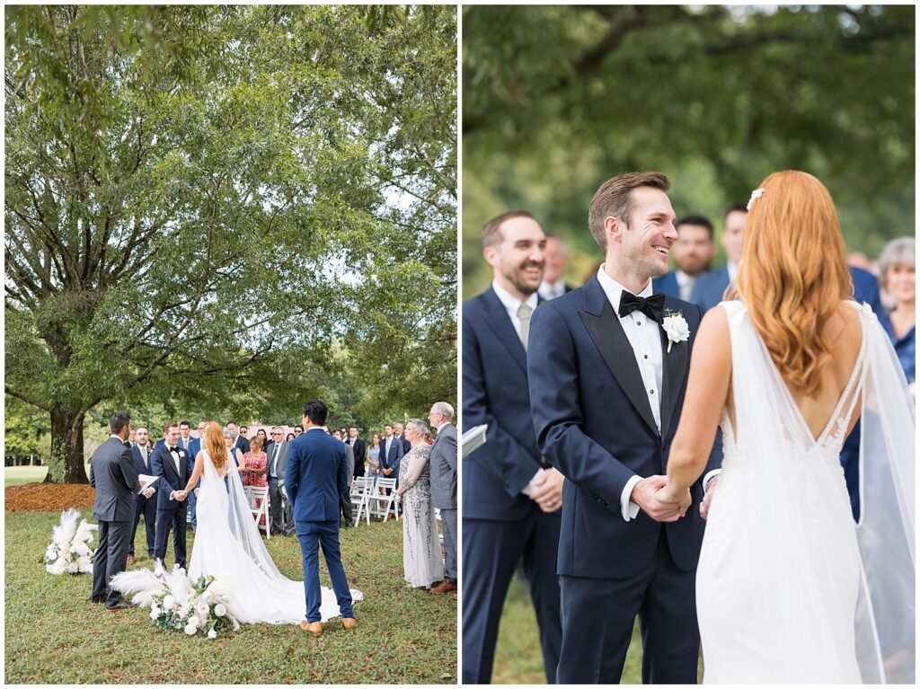 Bride and groom holding hands during wedding ceremony | The Meadows Wedding | The Meadows Wedding Photographer | Raleigh NC Wedding Photographer