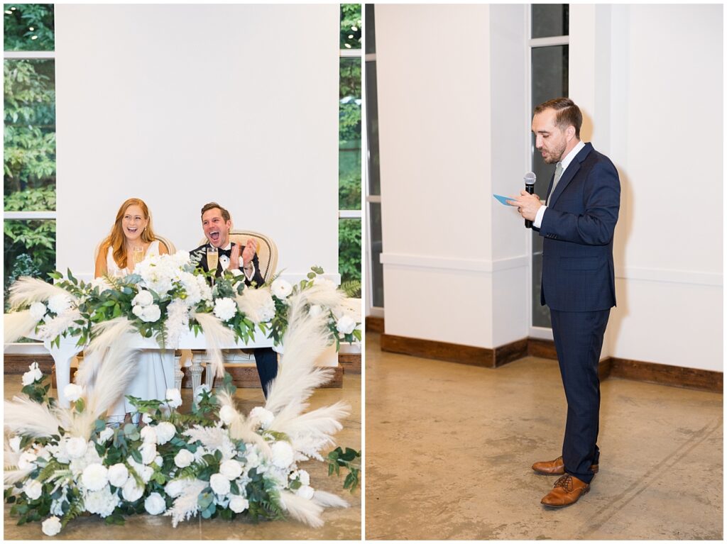 Groomsman giving toast during wedding reception | The Meadows Wedding | The Meadows Wedding Photographer | Raleigh NC Wedding Photographer