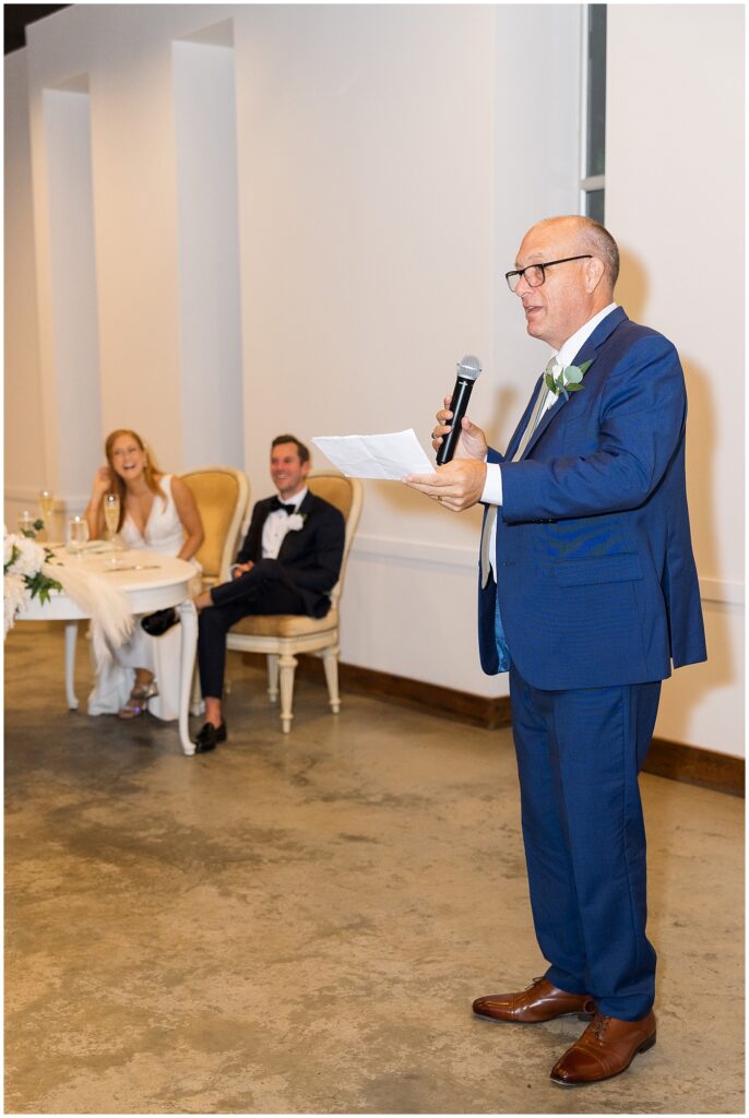 Father of bride giving toast during wedding reception | The Meadows Wedding | The Meadows Wedding Photographer | Raleigh NC Wedding Photographer